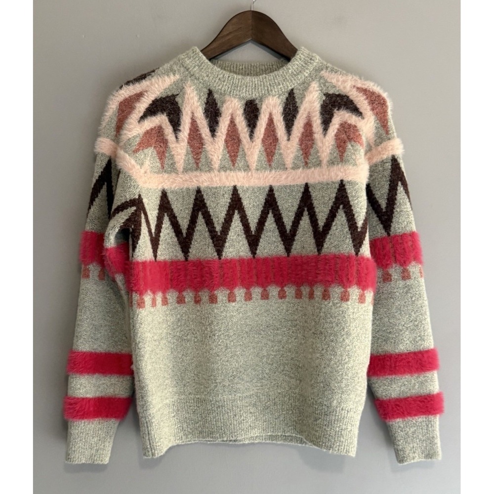 THML Sweater Fair Isle Geometric Cozy Preppy Soft Pima Cotton Medium Crewneck
